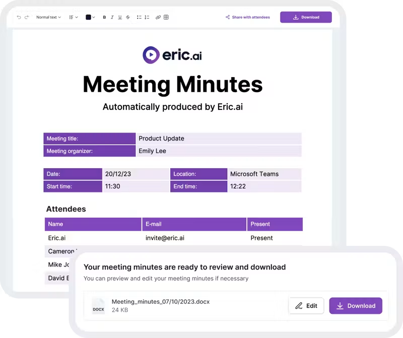 Eric AI automatically produced meeting minutes document with attendees and a downloadable file