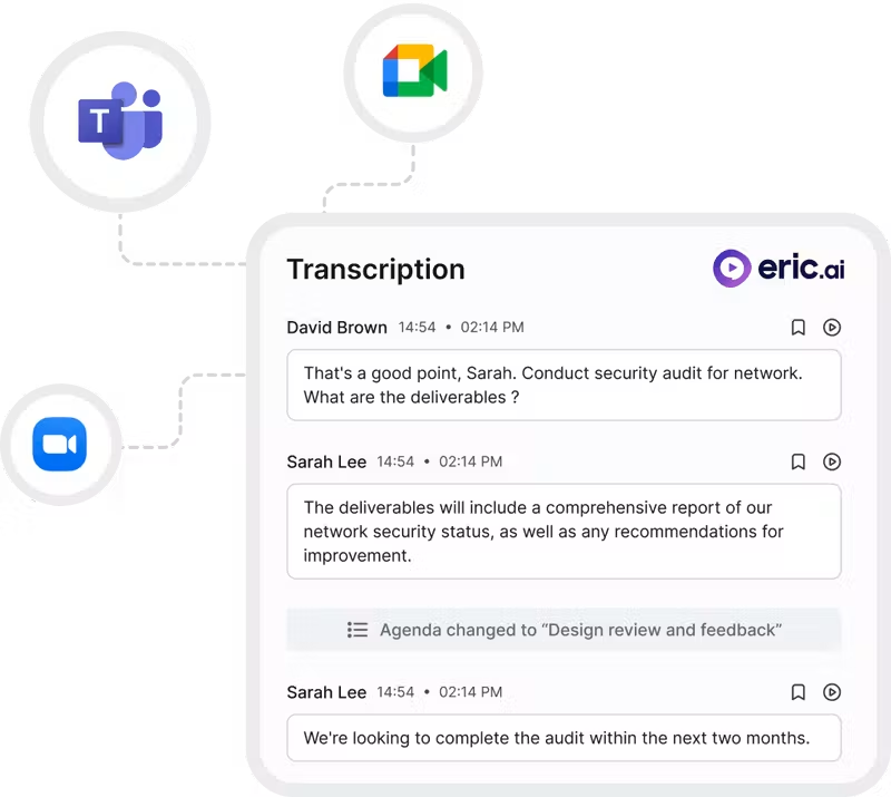 Eric AI live transcription panel connected to Microsoft Teams, Google Meet and Zoom